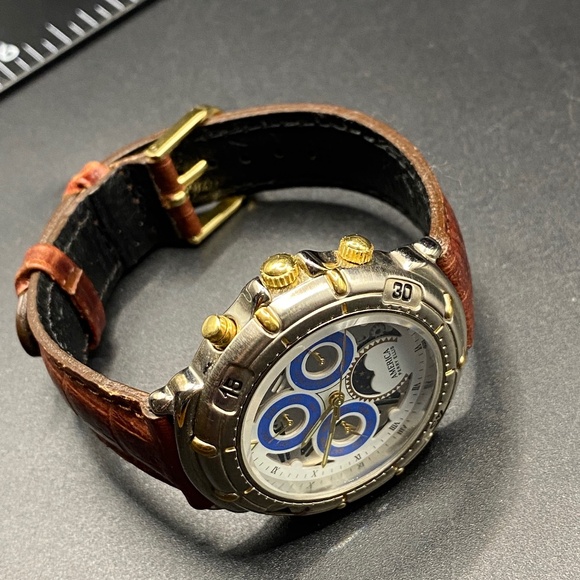 PERRY ELLIS America APE-1382 Watch Moon Phase Mixed Metals Leather Band - Picture 2 of 11